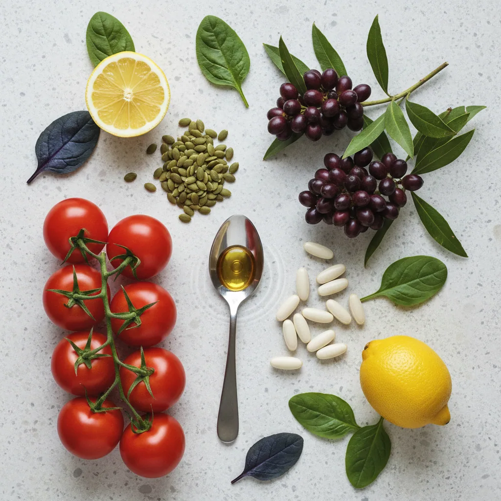 Flat-lay of saw palmetto berries, tomatoes, pumpkin seeds and vitamin E oil - the natural ingredients inside Alpha Drive plant-based men's health capsules UK