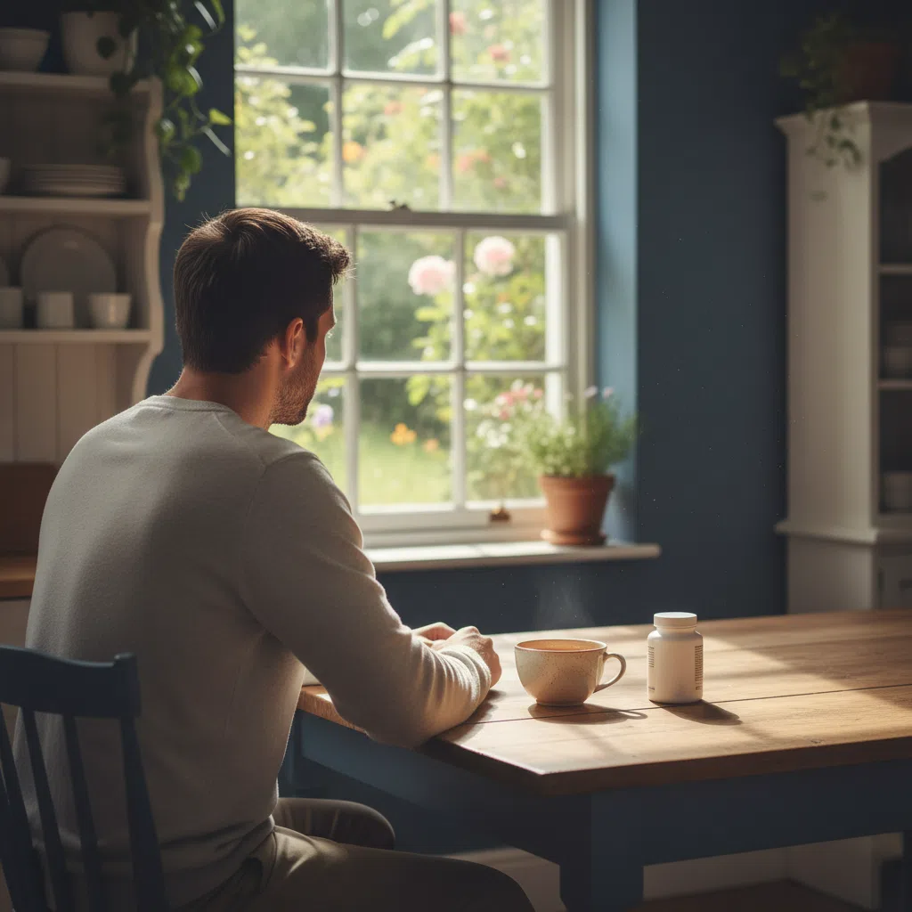 Anonymous man looking out of a kitchen window - reflective morning routine and everyday men's wellness over 50