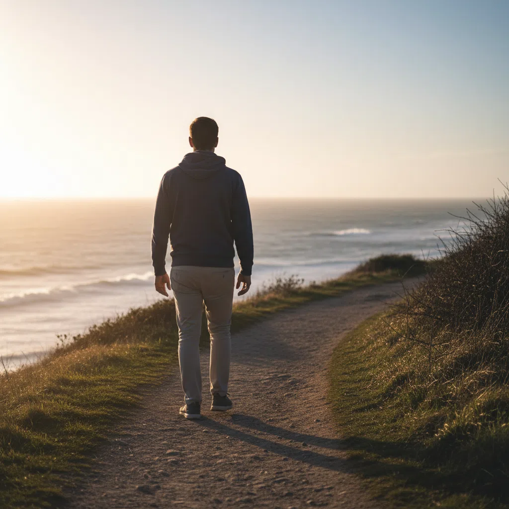 Anonymous man walking along a sunlit coastal path - active men's wellness after 50