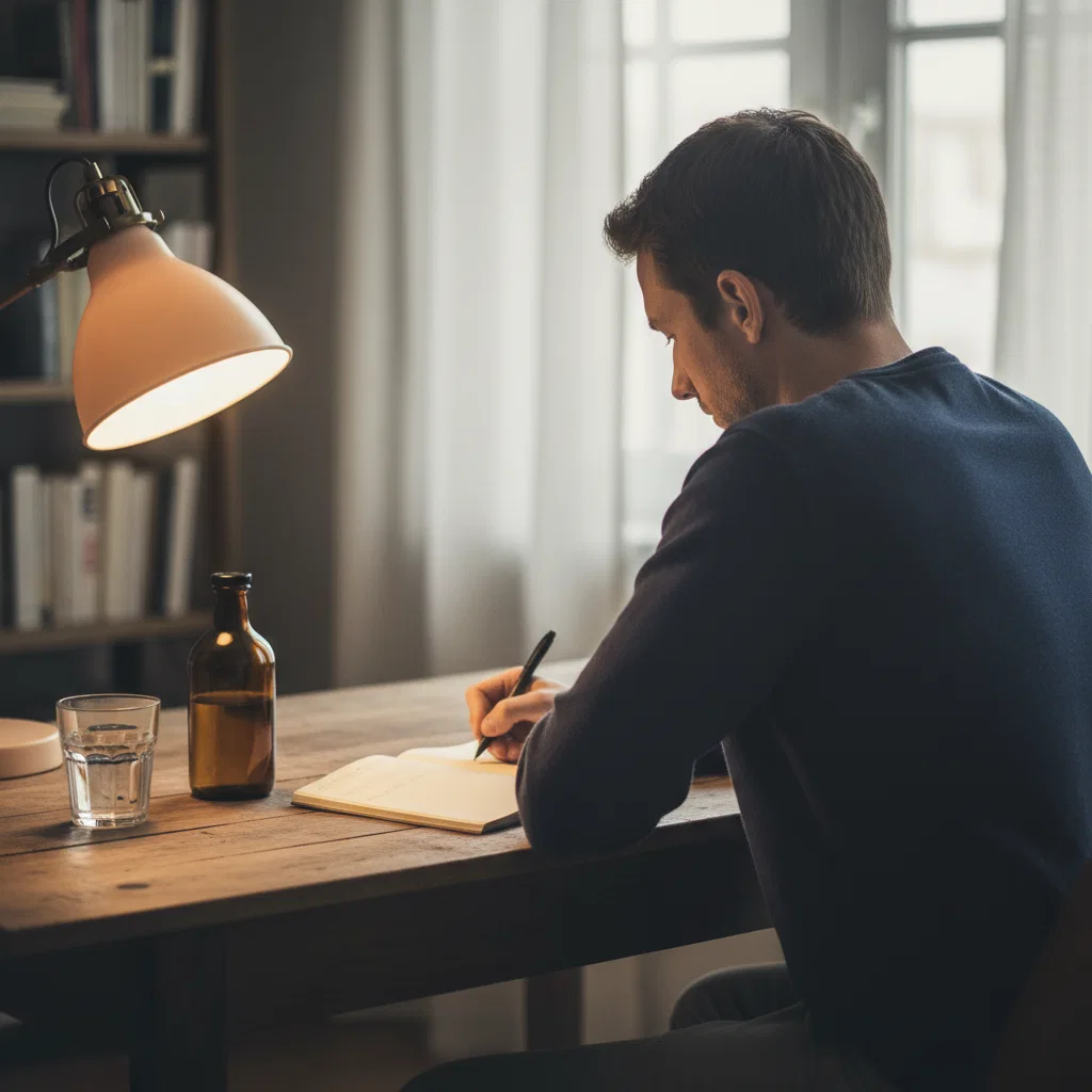 Anonymous man writing in a notebook at a home desk with supplement bottle nearby - men's wellness daily routine