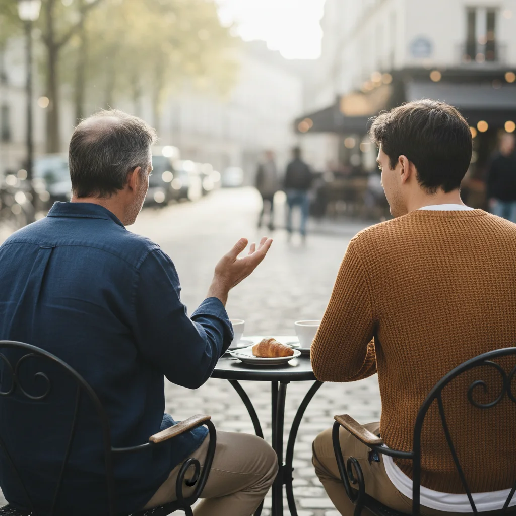 Two anonymous men chatting at an outdoor café table - active social lifestyle for men over 50