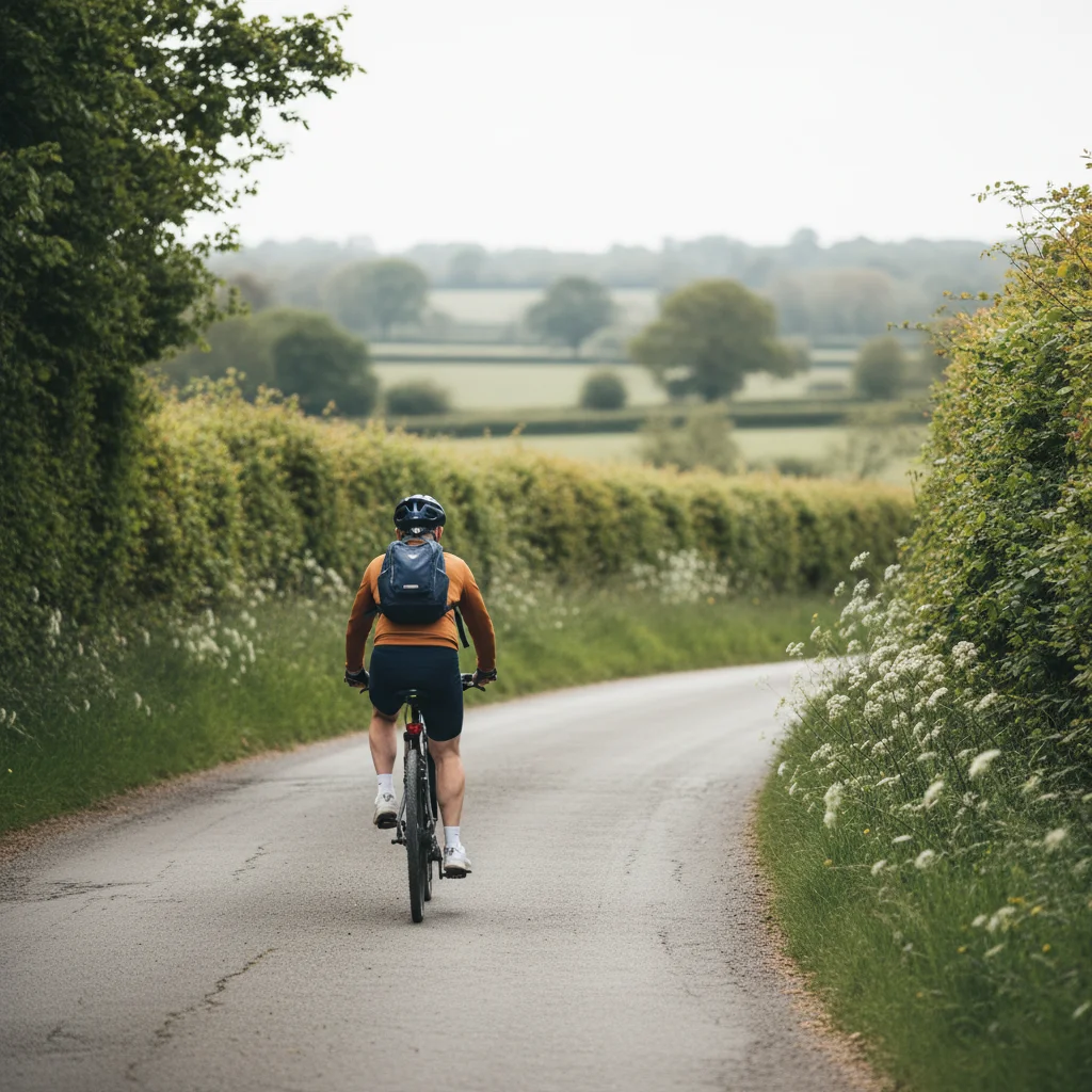 Anonymous man cycling on a quiet English country lane - low-impact exercise and pelvic circulation support supplement