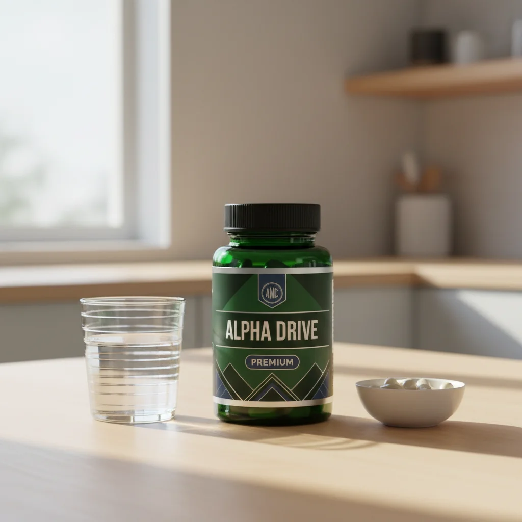 Alpha Drive bottle on its side beside pumpkin seeds and saw palmetto berries - plant-based men's health capsules UK